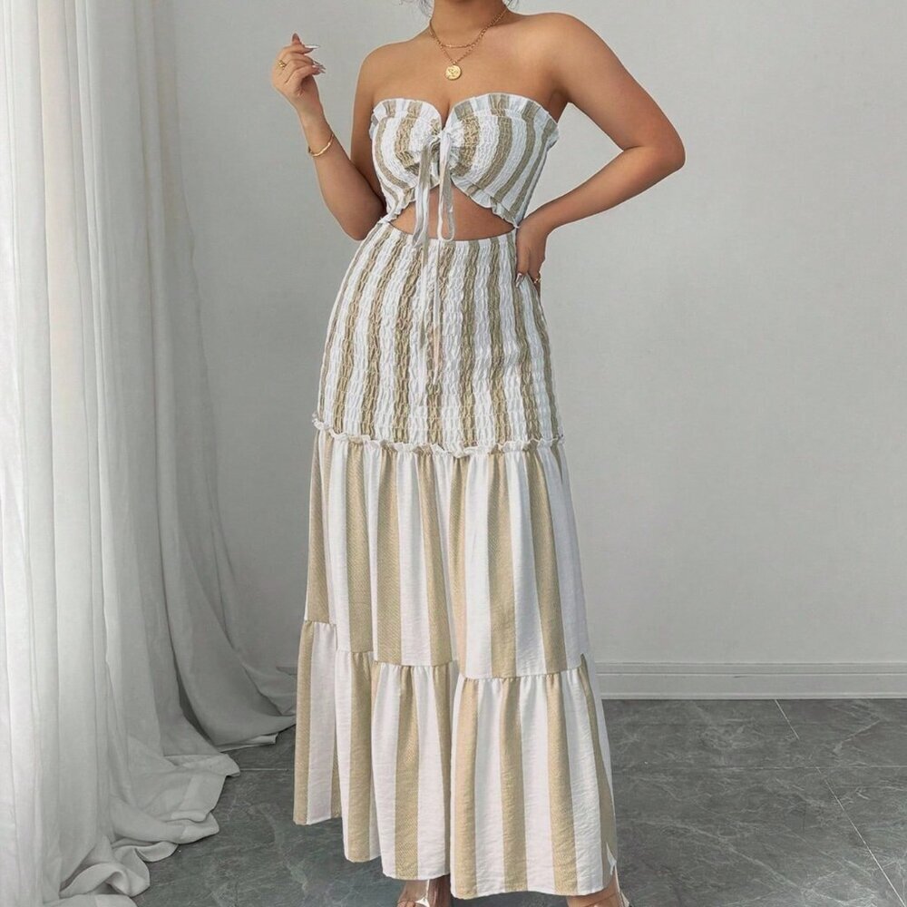 Khaki Boho Women's Striped Elegant Spaghetti Strap Dress - Picture 6 of 8